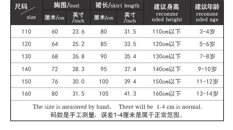 1029长裙尺码表110-160
