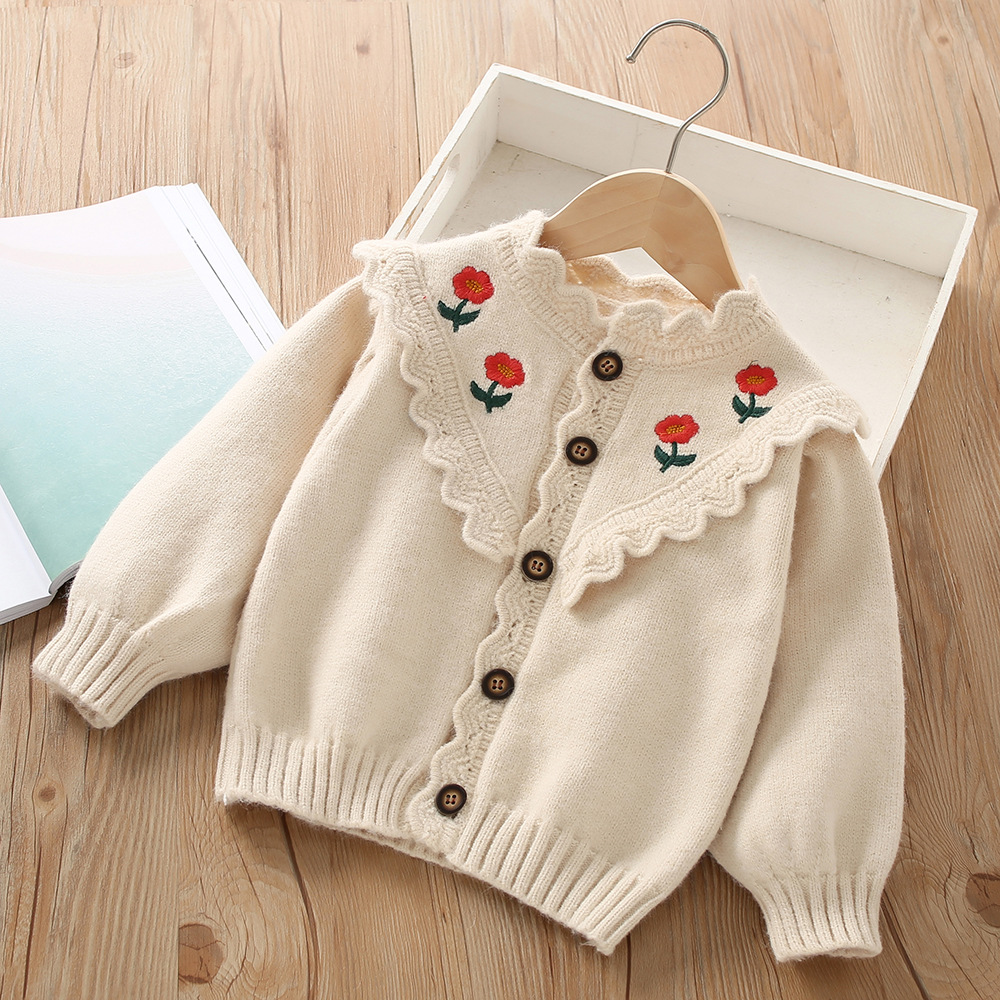Girls Cardigan Sweater Embroidered Floral Knitted Autumn Winter_voghion.com