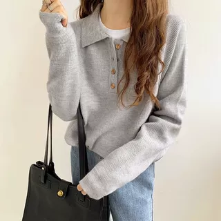 韩chic简约气质polo领卫衣宽松套头毛衣女长袖秋季外穿慵懒针织衫