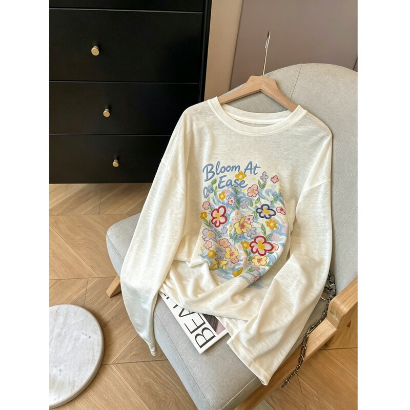 170g snowflake fabric 35% Lyocell 35% cotton 30% polyester】Embroidered printed long-sleeve T-shirt for women, summer sun protection top 170g snowflake fabric 35% Lyocell 35% cotton 30% polyester】Embroidered printed long-sleeve T-shirt for women, summer sun protection top