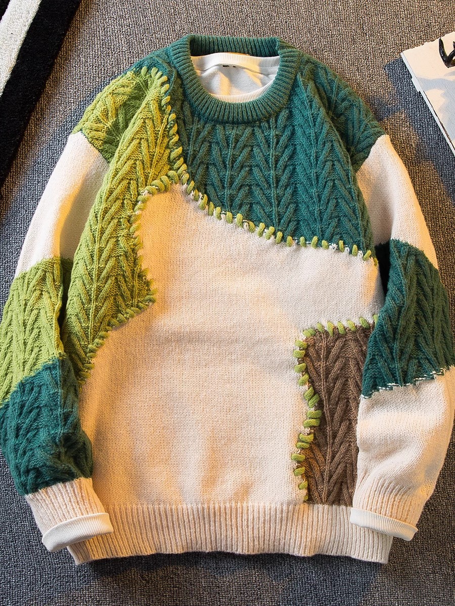 Costuras japonesas, contraste de color, moda, comercio exterior, pedidos japoneses, RC otoño e invierno, nuevos productos, suéter de punto de longitud media, oversize