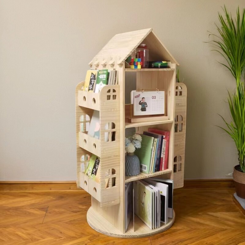 Bookshelf Floor-Standing Storage Rack Solid Wood Rotating Bookshelf 360-Degree Kidsren's Picture Book Rack Family Creative Storage Rack