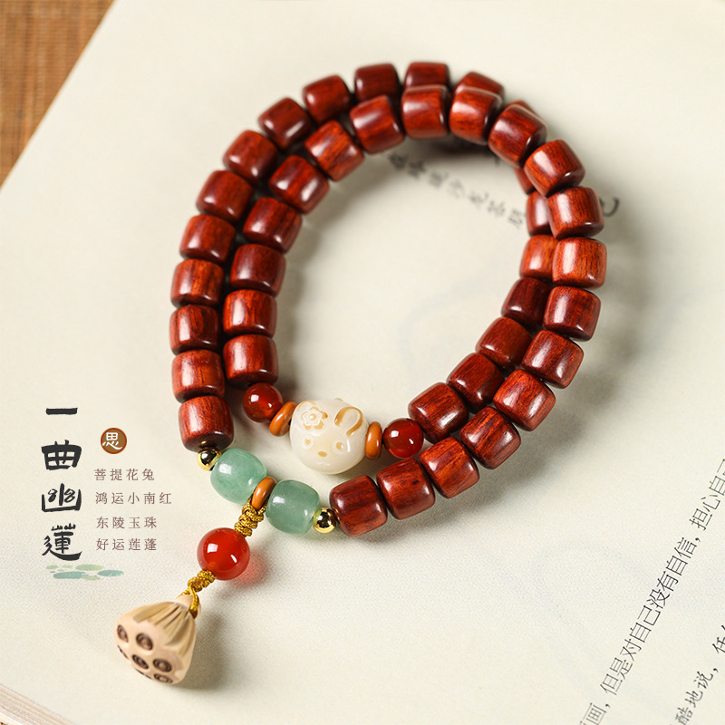 Good luck continuous small leaf Rosewood barrel beads Buddha transfer literary play handheld female temperament double circle bracelet good luck peach Lotus