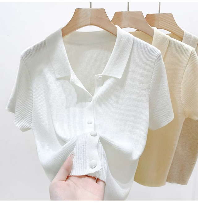 Áo thun polo nữ tay ngắn cổ bẻ chất liệu len lụa mát mẻ — màu trắng chi tiết 11