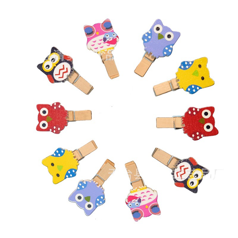 Creativo de dibujos animados búho pequeño clip de madera pintado artesanías de madera foto del hogar de madera pintado clip decorativo