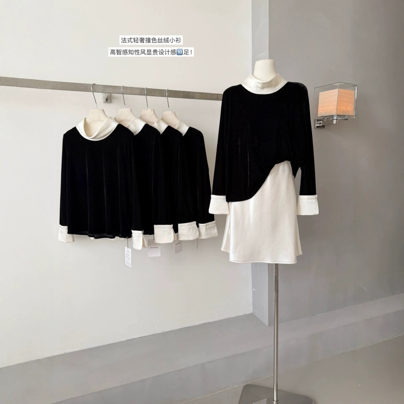 Hepburn black collared blouse for women, 2026 autumn, elegant Chanel-style, contrasting color velvet splicing, long sleeves