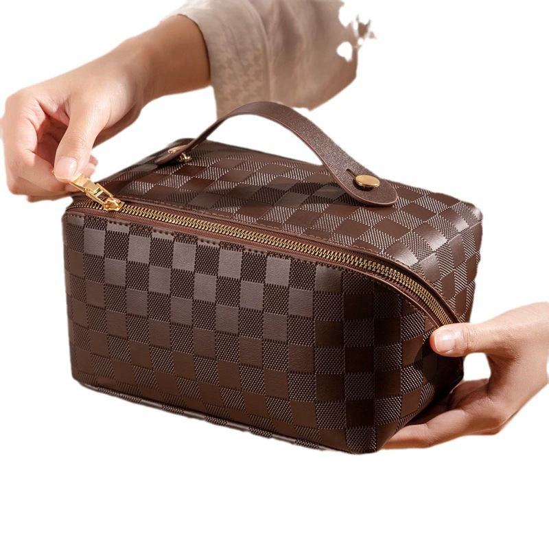 Cosmetic bag pillow organizer, PU leather, roomy travel handheld shoulder pouch
