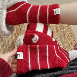 Red New Year Australian Velvet Socks Autumn and Winter Women's Mid-tube Thickened Warm Snow Boots Socks Floor Socks Plush Moon Socks