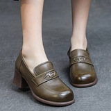 Autumn 2023 New Women's Single-layer Shoes Thick Heel Mid Heel Soft Bottom Washed Top Layer Soft Cowhide British Vintage Loafers
