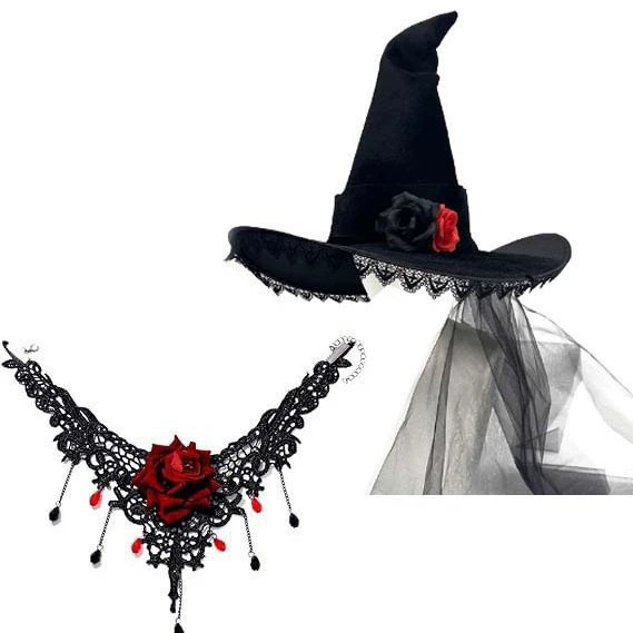 ハロウィン魔女帽子ゴシックスタイルメッシュレース魔女帽子コスプレステージパフォーマンスローズネックレス|undefined