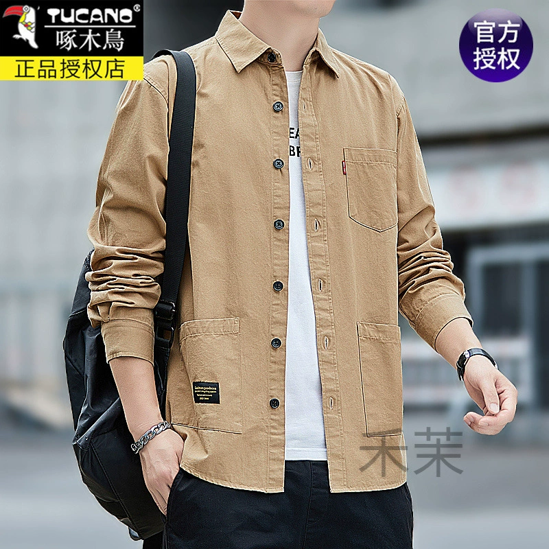 Хлопковый дятел высокого класса мужской с длинными рукавами и длинными рукавами свободный повседневный сюртук мужской весенне-осенний рубашка мужской тренд
