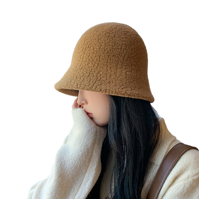 Nuovo cappello da pescatore in pelo di agnello autunnale e invernale Cappello da pescatore con top rotondo solido da donna Cappello da viaggio alla moda da viaggio all'aperto_voghion.com