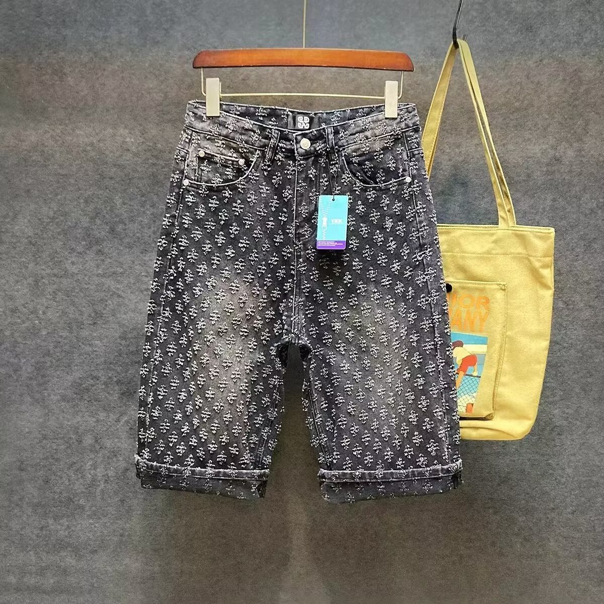 Men's Retro Distressed Denim Shorts Summer Casual Shorts Summer Handsome Boy Trendy Jacquard Jeans