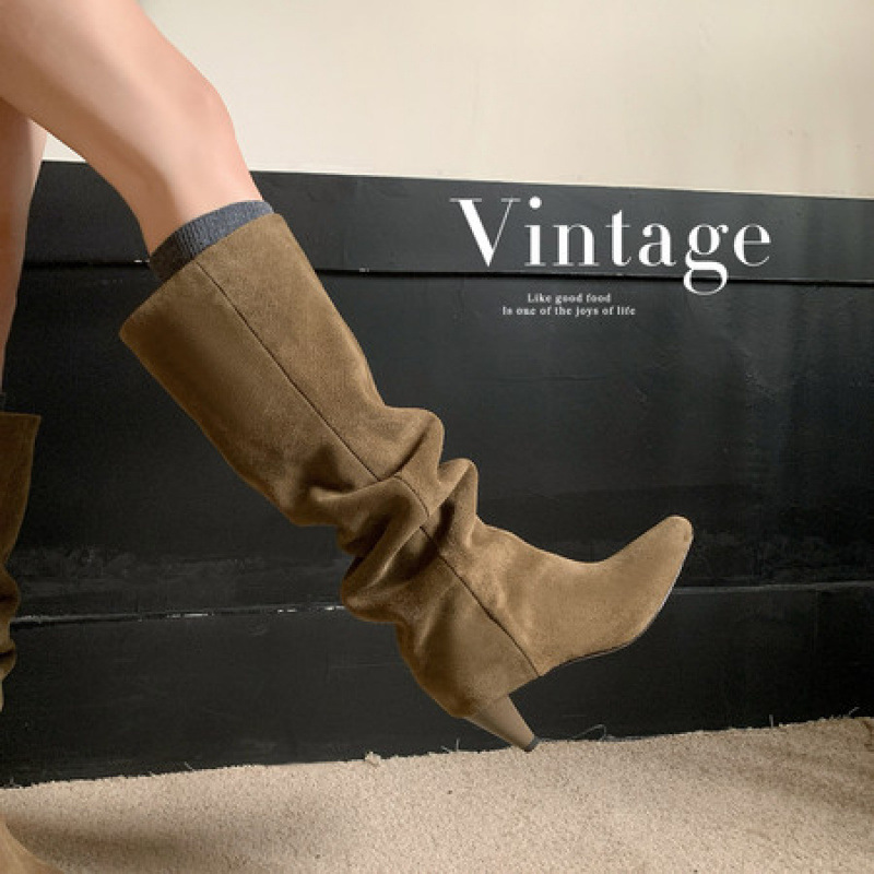 Elegant brown suede high boots square toe heels