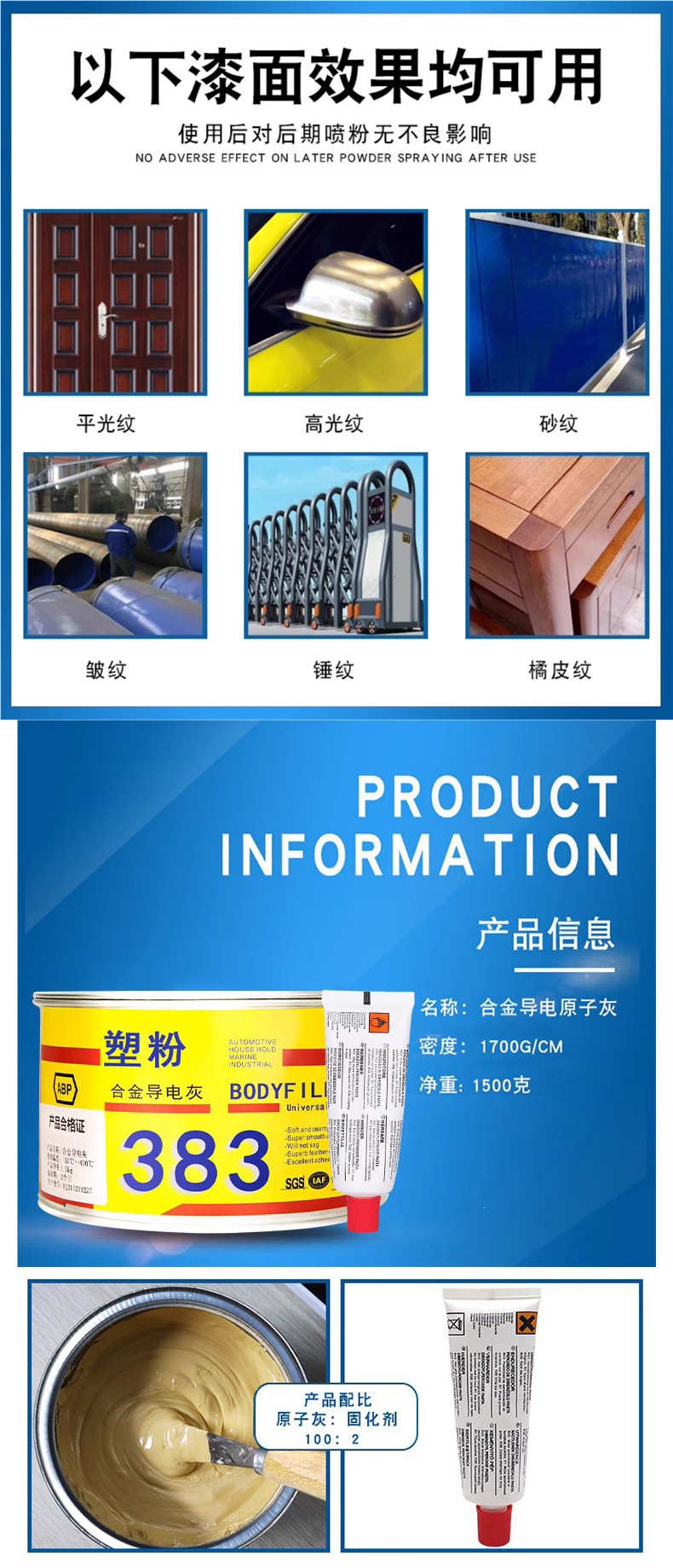 Electrostatic Spray Powder Putty, High Temperature Resistant Conductive Gray Metal Alloy Sheet Metal Automotive Putty for Paint Repair