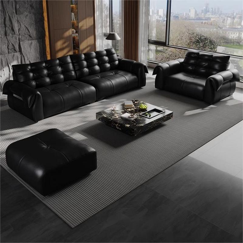 Sofá de cuero de cisne italiano minimalista retro negro cabeza de cuero de vaca sala de estar línea recta combinación de estilo medieval lujoso