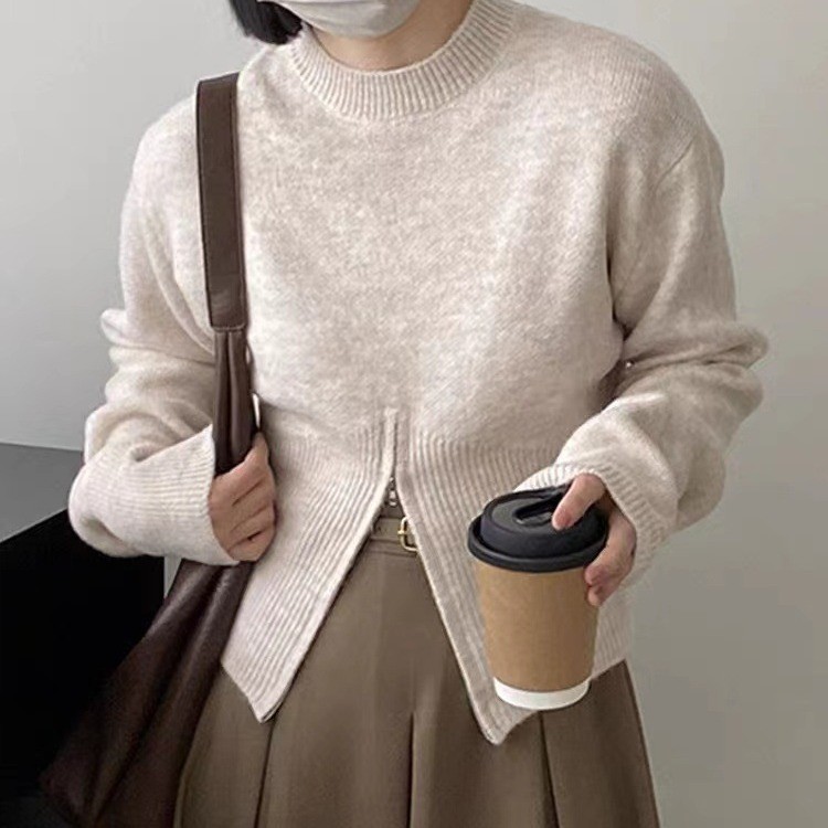 Women's Pullover Round Neck Split Hem French Style Autumn Winter_voghion.com