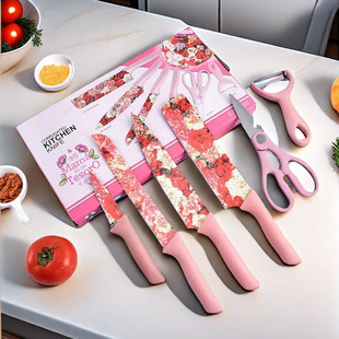 Cross-border Hot Sale Color Printing Wheat Straw Cutter Six-piece Kitchen Cutter Scissors Color Boxed Stainless Steel Cutter suit