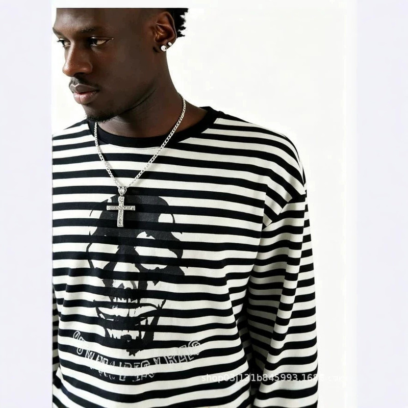 2025 New Foreign Trade Street Fashion Striped Retro Print Round Neck Long-Sleeved T-Shirt European and American Y2K Cross-Border Clothing 2025 New Foreign Trade Street Fashion Striped Retro Print Round Neck Long-Sleeved T-Shirt European and American Y2K Cross-Border Clothing