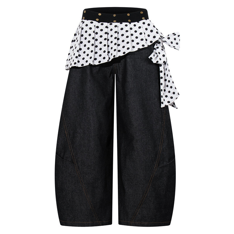 Qilin Men's Original American-Style Patchwork Color-Block Polka Dot Tie-Up Layered Curved Jeans Loose Wide-Leg Long Pants