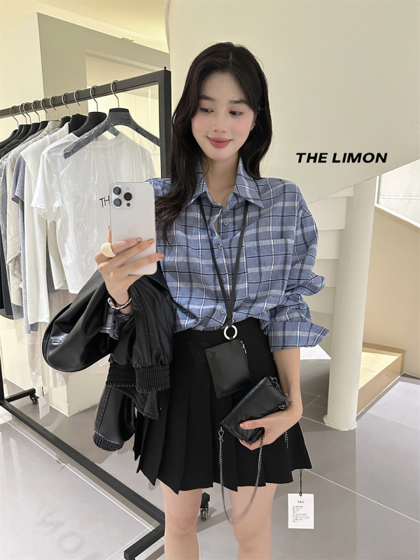 THE LIMON柠檬绿茶2025秋季复古气质百搭宽松格纹百搭衬衫上衣女|undefined