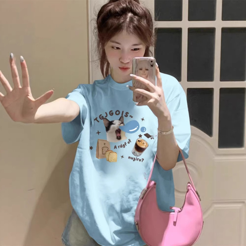 Pure Cotton Blue Short-Sleeve T-Shirt for Women, 2026 New Summer Style, Loose Design, Unique, Cute and Sweet Top Pure Cotton Blue Short-Sleeve T-Shirt for Women, 2026 New Summer Style, Loose Design, Unique, Cute and Sweet Top