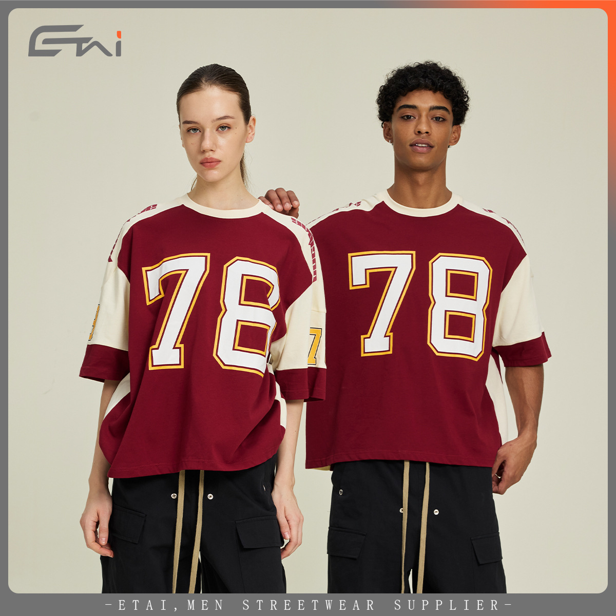 Ropa de hombre ETAI | Ropa de hockey de color de contraste de algodón pesado, camiseta corta y ancha, costura, estilo deportivo, marca de moda para hombres, manga corta boxy image 5