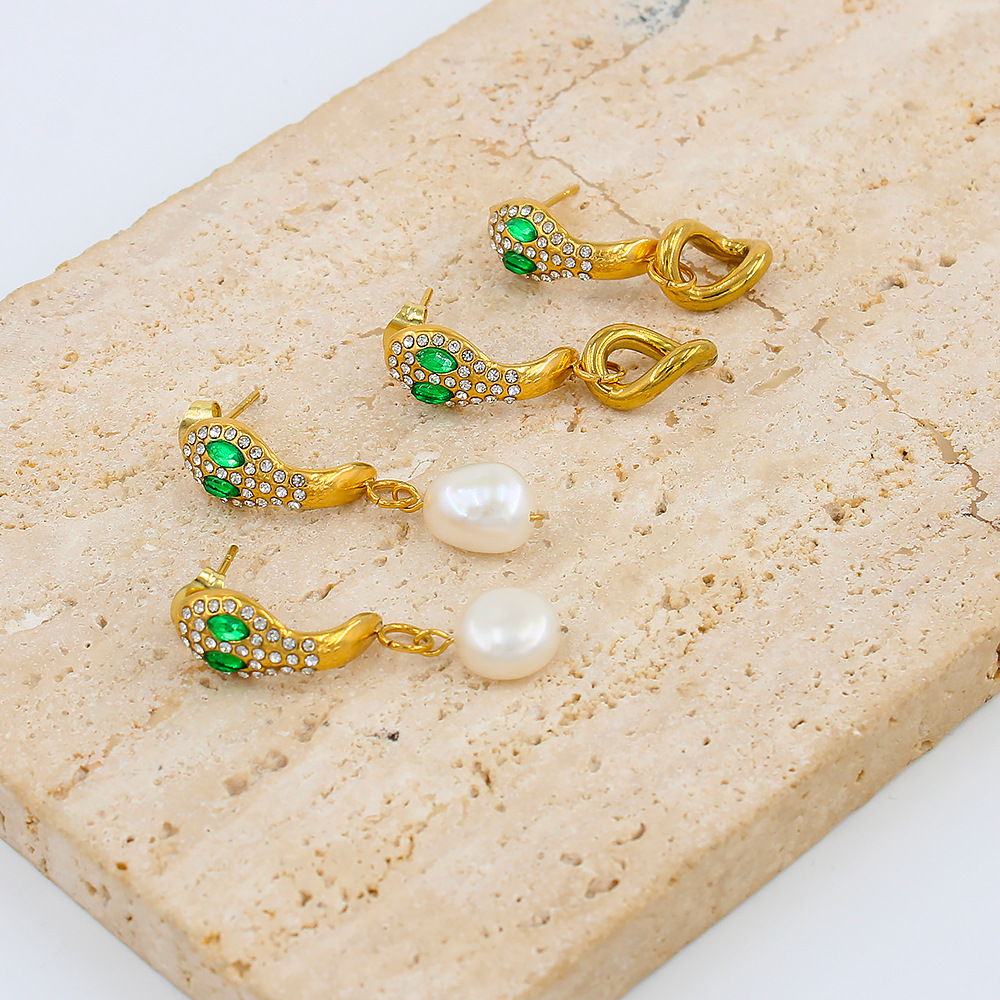 Pearl, Inlay Design INS Style Style 1 Pair Ins Style Snake Stainless Steel Pearl Inlay Zircon Drop Earrings