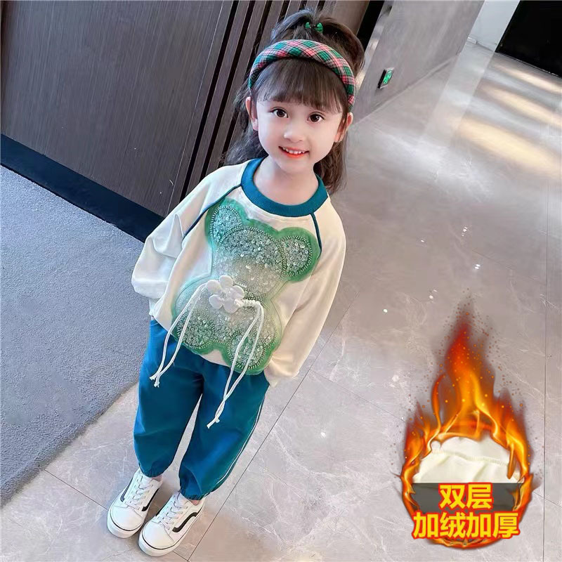 女童秋冬加绒加厚套装2025新款儿童时髦小熊亮片卫衣长裤两件套