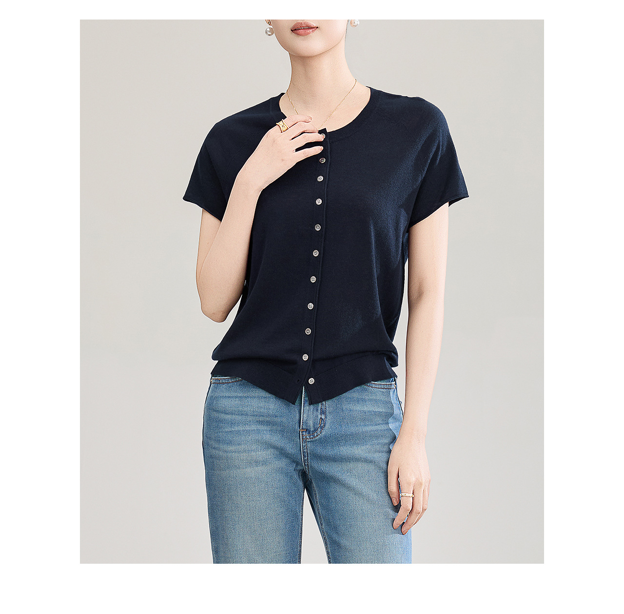 Áo cardigan len nhỏ tay ngắn dáng rộng phong cách lười biếng — màu xanh navy chi tiết 3
