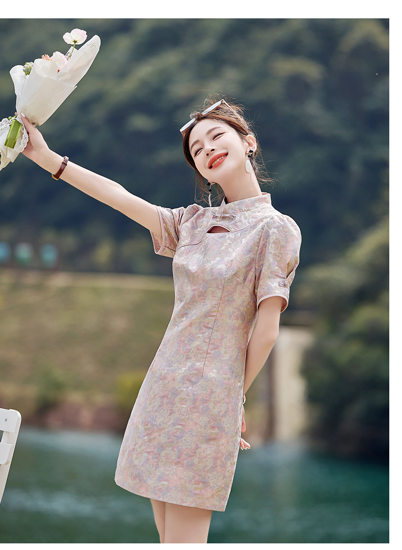 Váy maxi nữ phong cách Trung Quốc mới, cổ đứng cúc bọc, dáng dài vừa phải, thanh lịch thời trang — Màu xanh lam, Màu hồng chi tiết 17