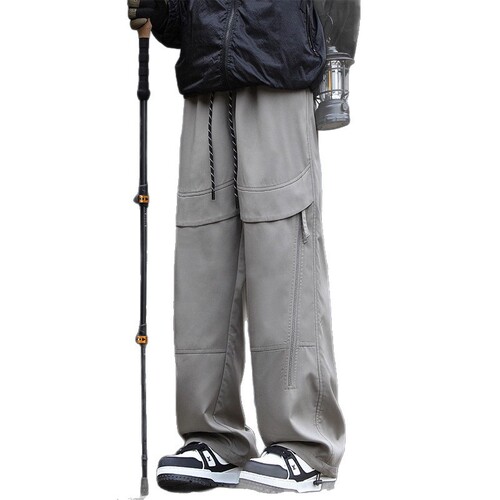 Men's Autumn/Winter Waterproof Windproof Fleece-lined Thick Straight Leg Loose Parachute Sports Casual Pants