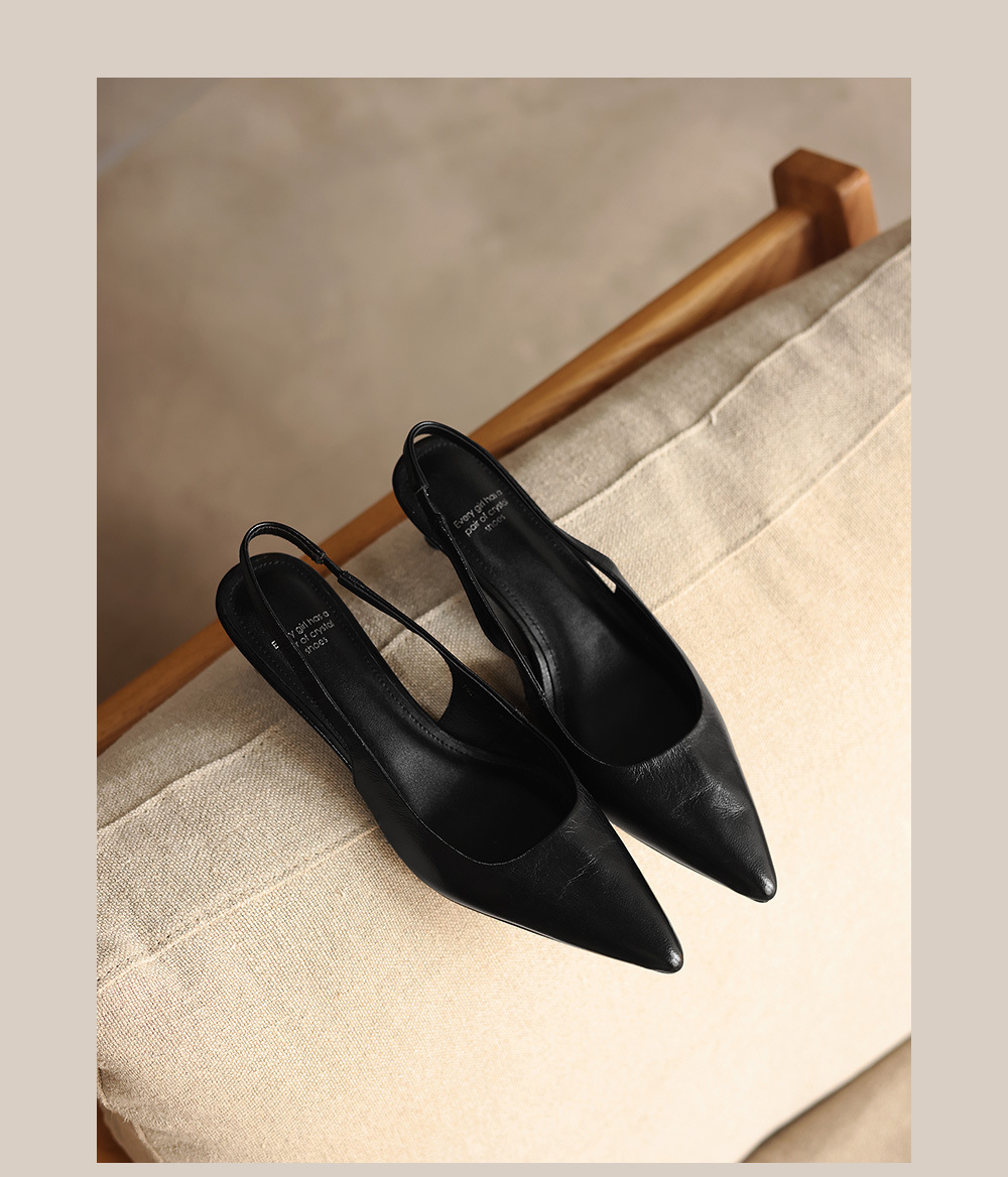 Sandal nữ mũi nhọn da cừu hở gót, gót vuông ổn định, phong cách Hàn Quốc — đen chi tiết 24