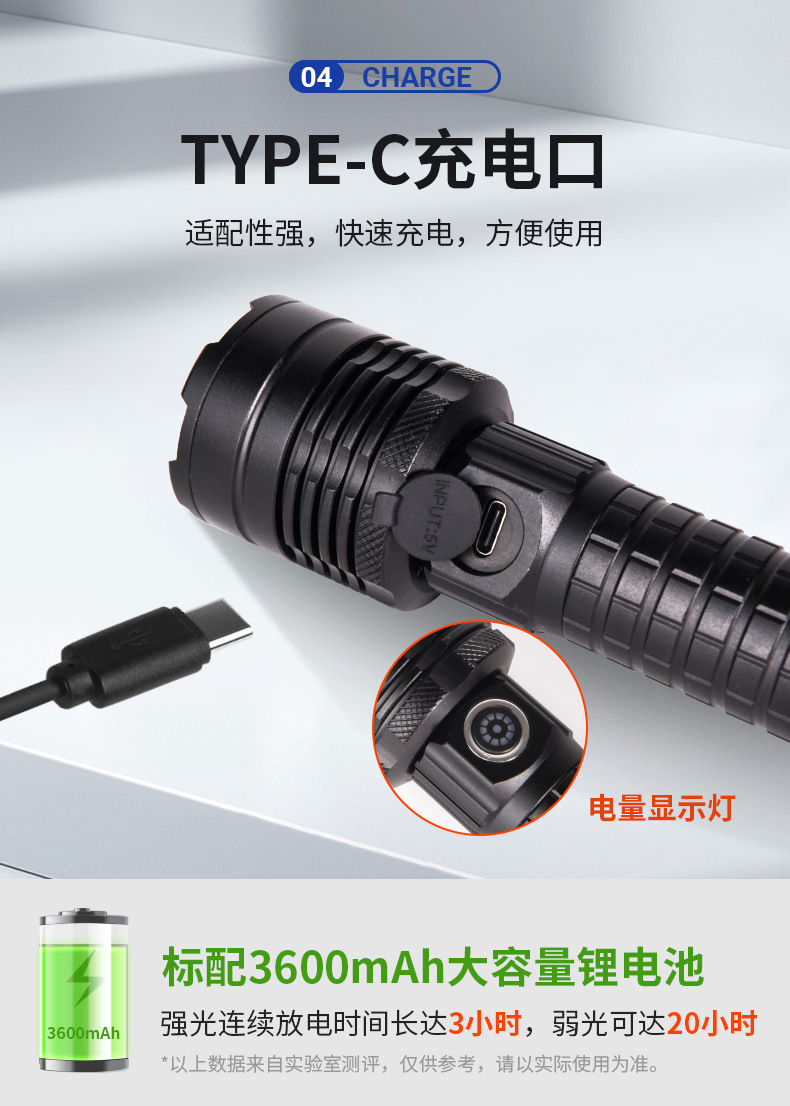 Strong Light Flashlight Battery, Detachable, Bright, Long-Lasting, Rechargeable, High-Power White Laser, Portable, Long-Range, Cross-Border