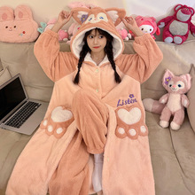 青少年法兰绒睡袍浴袍睡衣秋冬季家居服少女孩珊瑚绒连帽长袍套装