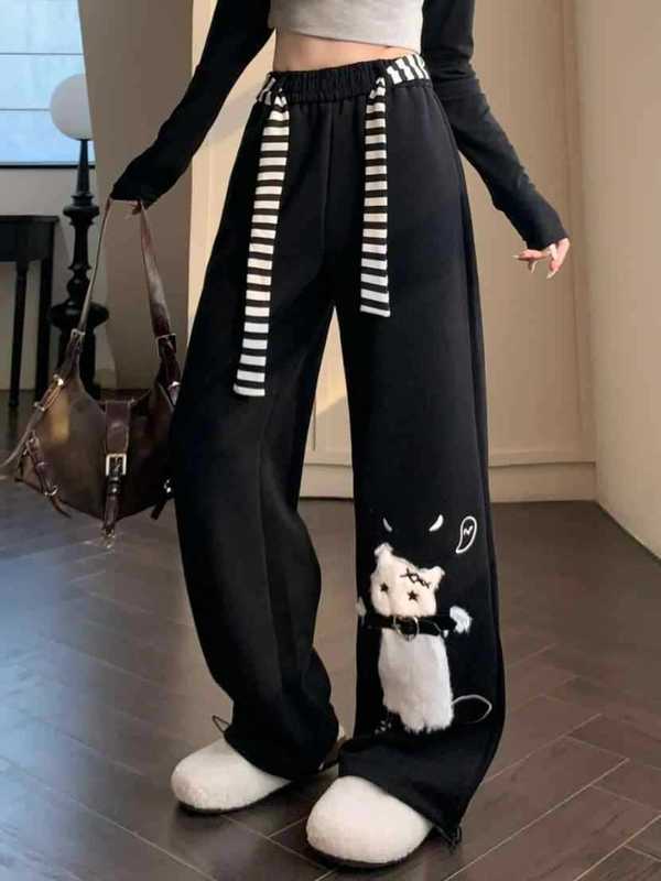 夏季新款松紧腰猫咪刺绣休闲长裤女大码美式慵懒风垂感宽松阔腿裤|undefined