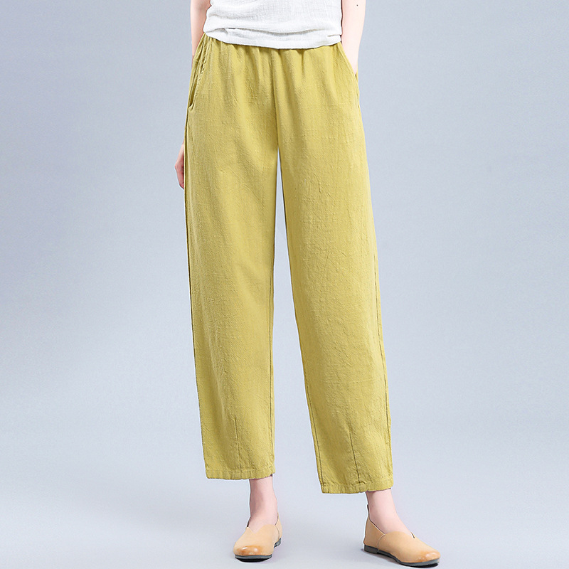 Cropped Lantern Pants Women's 2024 Summer Wide Leg Harem Pants High Waist Cigarette Pants Cotton Linen Retro Loose Trendy