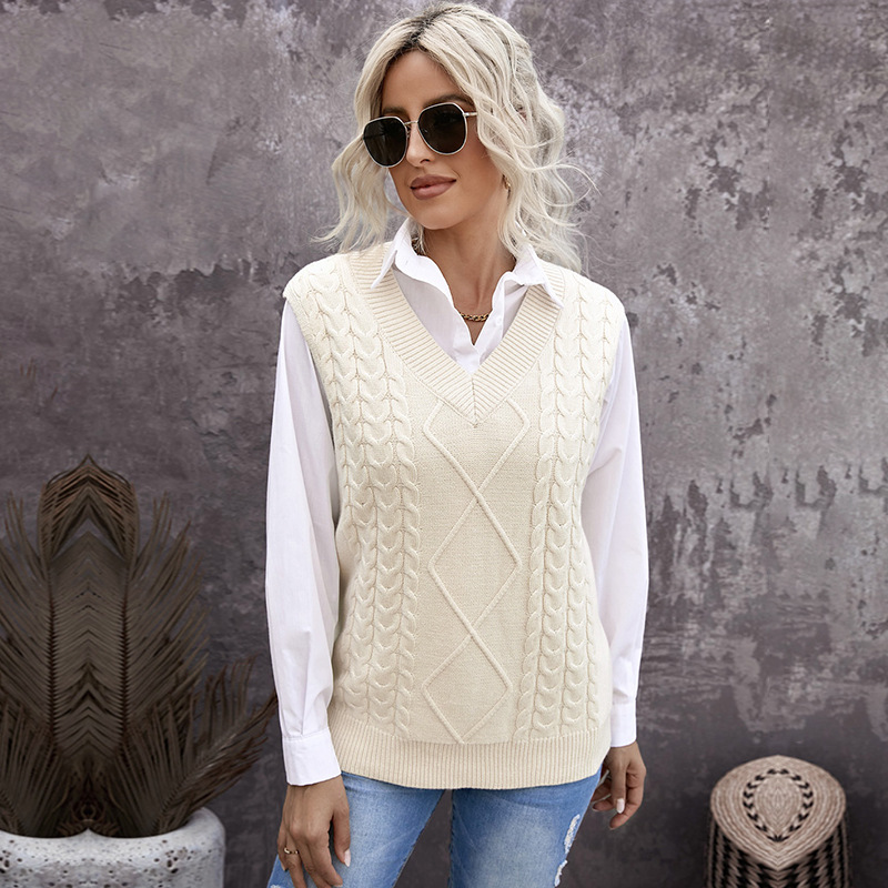 时颖欧美针织马甲背心女亚马逊秋冬新款针织毛线花纹背心套头毛衣