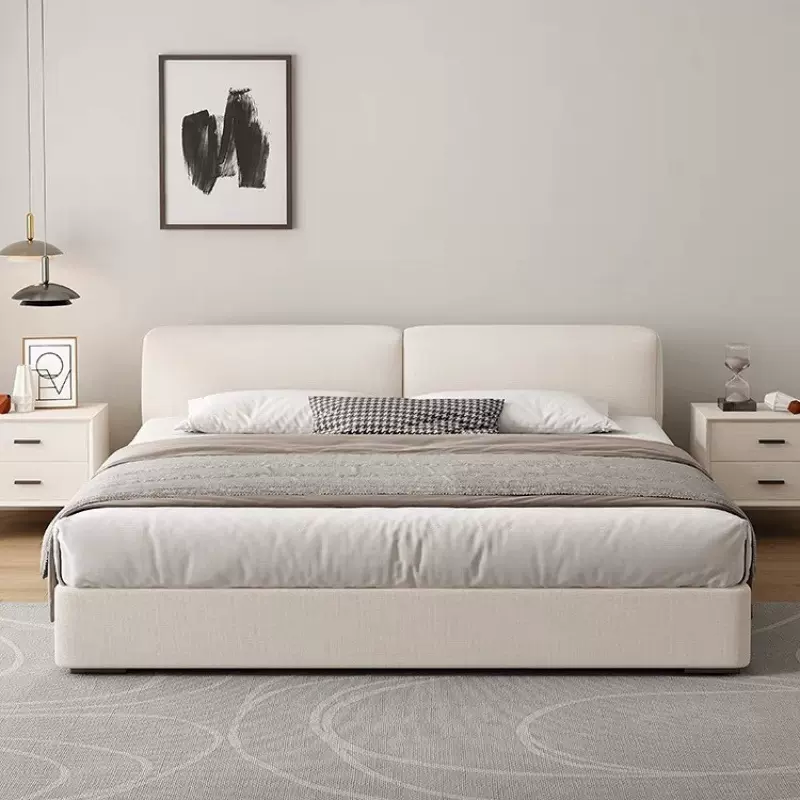 矮床头床棉麻布艺床双人床小户型婚床1.5米次卧床1.8米主卧白色床