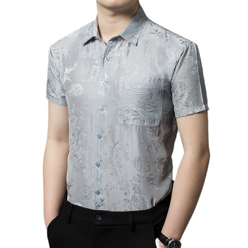 Áo sơ mi nam ngắn tay lụa tơ tằm 100% phong cách công sở — Màu xám nhạt 22181
