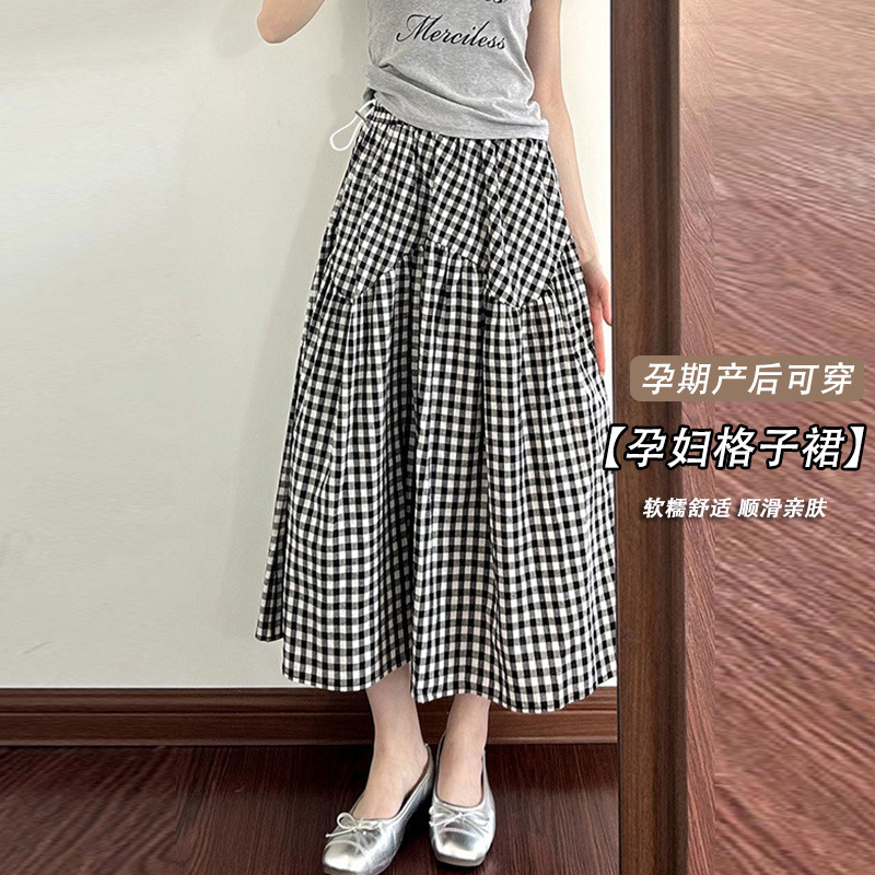 Maternity Plus-Size Black and White Plaid Skirt, Summer Forest Style Pastoral A-Line Flared Skirt, Long Plaid Skirt Maternity Plus-Size Black and White Plaid Skirt, Summer Forest Style Pastoral A-Line Flared Skirt, Long Plaid Skirt