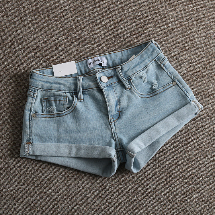 Super Flattering Long-Leg European and American Street Style Vintage Distressed Light Blue Slim Low-Waist Rolled Hem Butt-Lifting Denim Shorts for Women