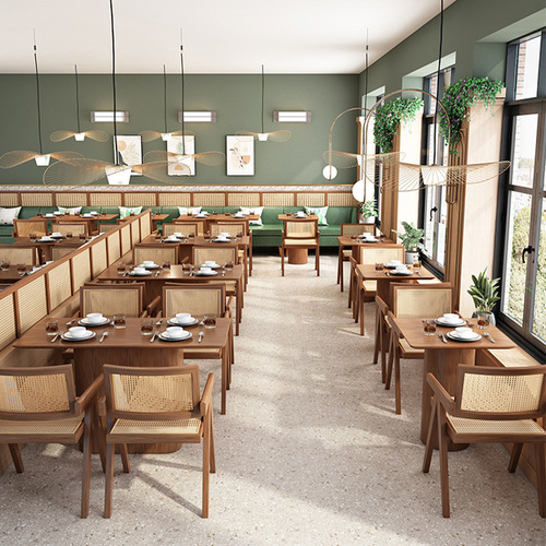 Commercial coffee milk tea snack barbecue hot pot restaurant table and chair combination solid wood rattan Japanese noodle shop tea restaurant booth