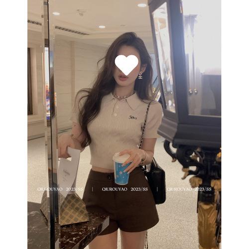 2025 summer new hot girl polo-neck sweater, women's niche design, short-sleeved T-shirt, casual temperament