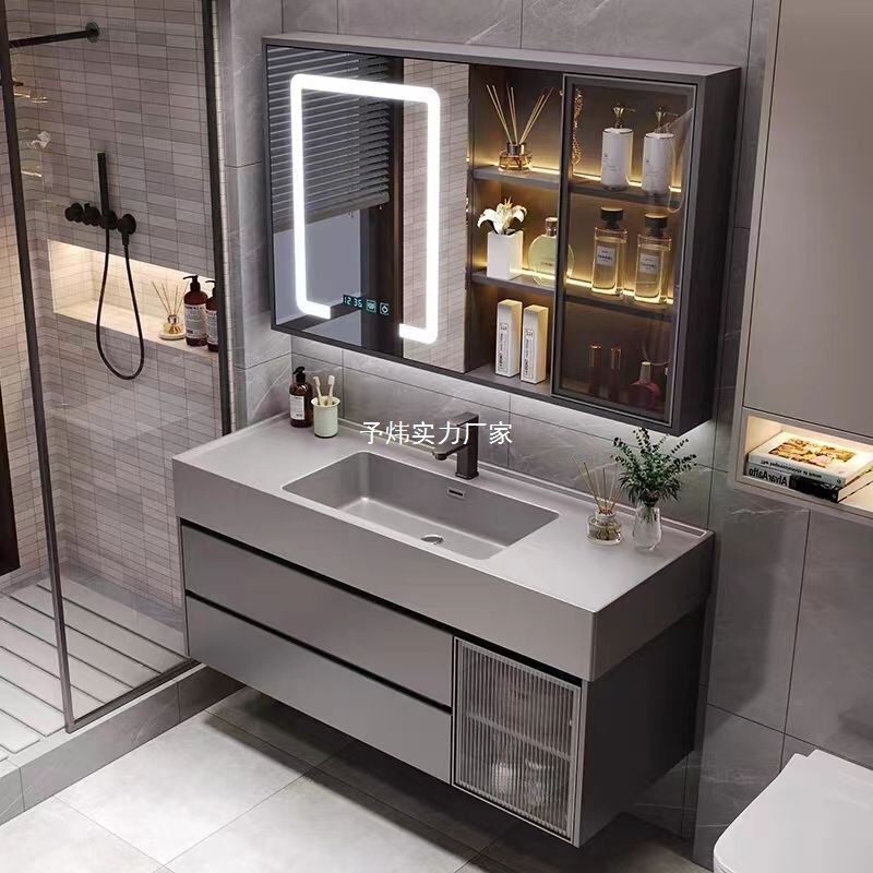 Light Luxury Smart Bathroom Cabinet Ceramic Integrated Basin Bathroom Wall-Mounted Storage Washbasin Anti-Fog Washbasin Cabinet Combination