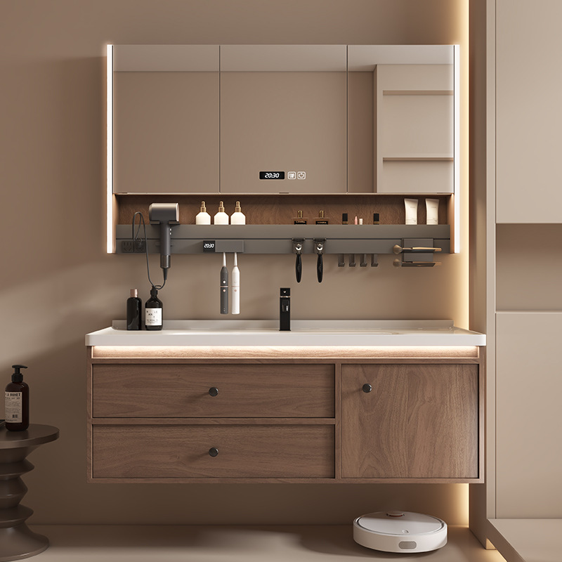 Yida Hangzhou factory direct black walnut simple new Chinese bathroom basin ceramic integrated basin bathroom cabinet combination