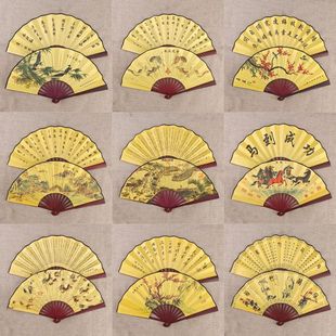 8 inch Chinese style men's fan silk cloth double-sided color printing ink landscape bamboo skeleton summer cool fan wholesale