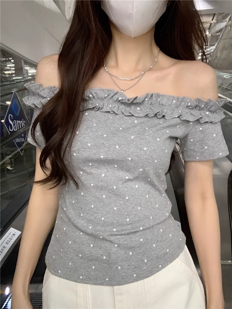Sexy and Alluring Off-Shoulder Ruffled Edge Polka Dot Short-Sleeve T-Shirt for Women, Summer Fashion Base Top for Hot Girls 2