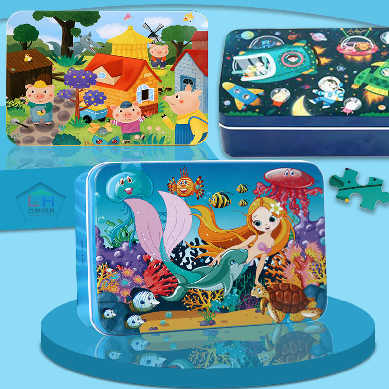 Cross-Border 100-Piece Iron Box Wooden Puzzle Kidsren's Cartoon Animal Scene Dinosaur Puzzle Kindergarten Educational Toy