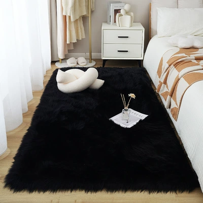Black Carpet Plush Imitation Wool Bedroom Bedside Blanket Clothing Store Product Photography Photo Floor Mat Accessible Luxury High-End (Car Carpet) - black-50x80cm